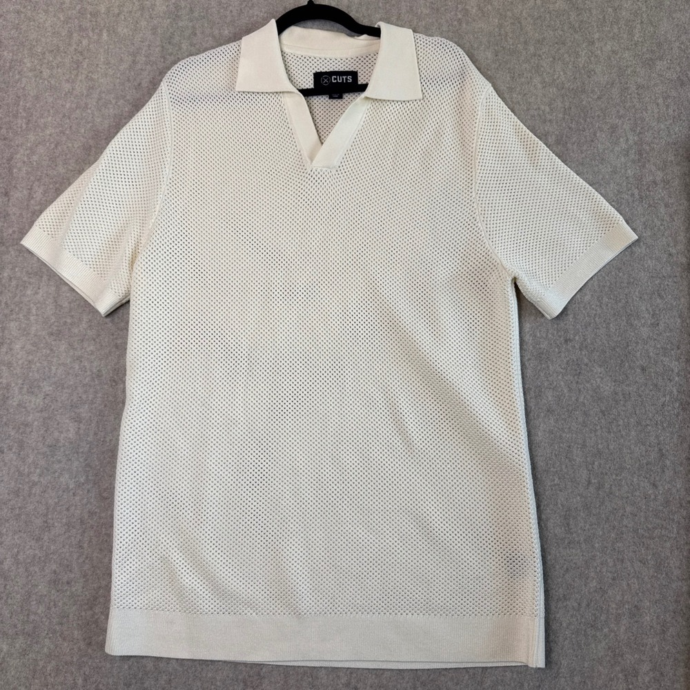 CUTS Clothing Mens L Off White Cream Riviera Open Knit Polo Shirt